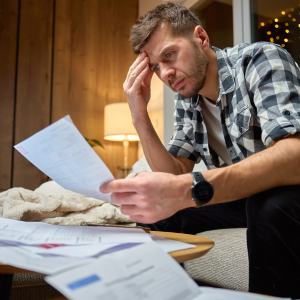 Man stressed over financial documents.