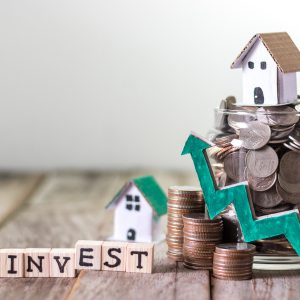 Coins, houses, and investment theme.